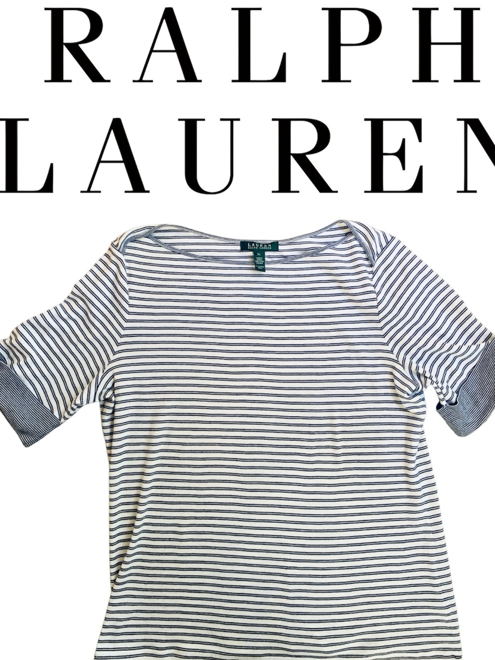 Lauren Ralph Lauren White and Navy Striped Short Sleeve Boatneck Top, Size XL